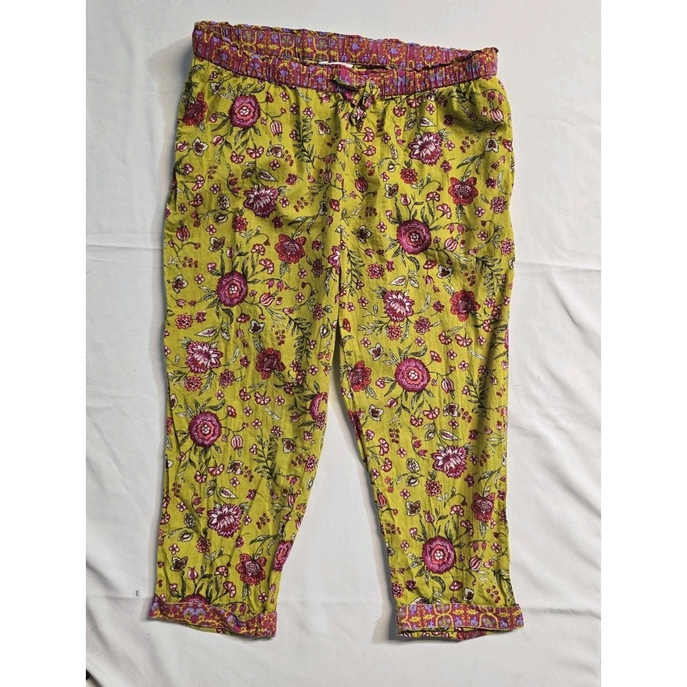 Sundance Leia Pants L Green Floral Crop Capris Drawstring Boho